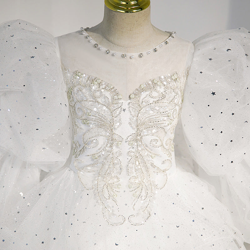 White Tulle & Sequined A-Line Flower Girl Dress - Puff Sleeves