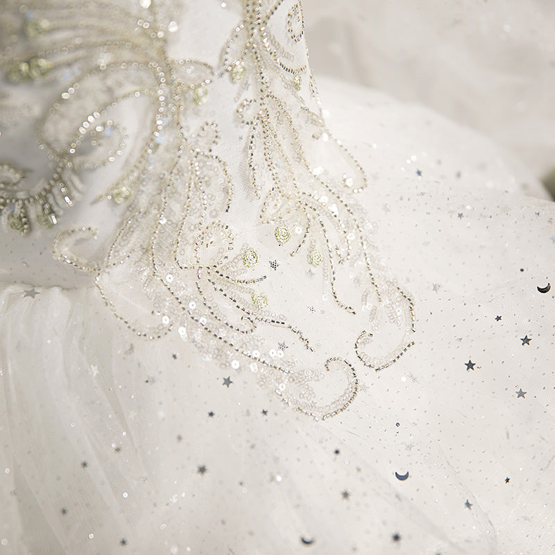 White Tulle & Sequined A-Line Flower Girl Dress - Puff Sleeves
