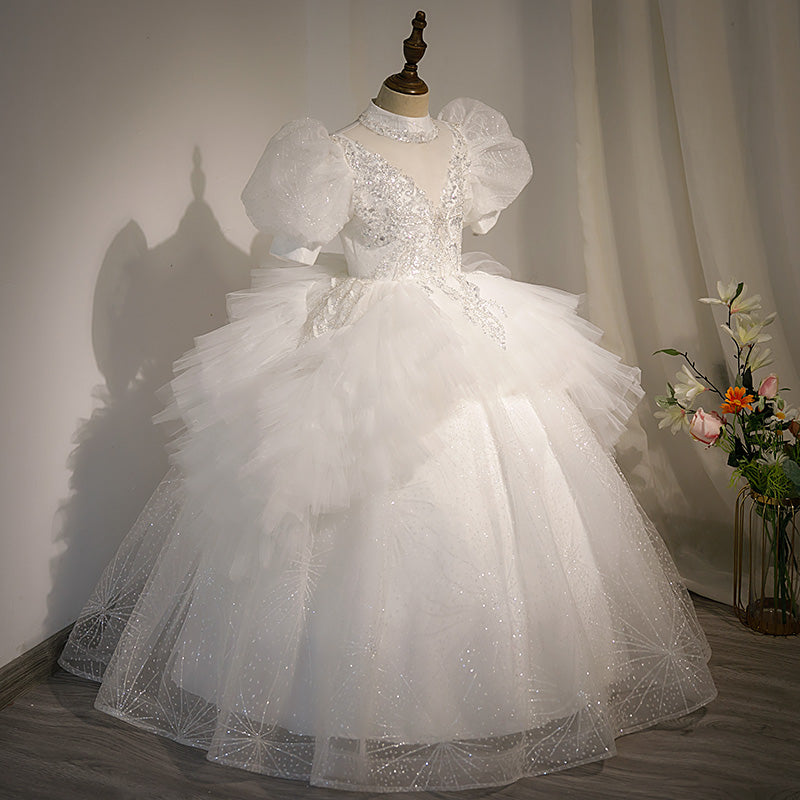 White Tulle & Sequined A-Line Flower Girl Dress - Puff Sleeves