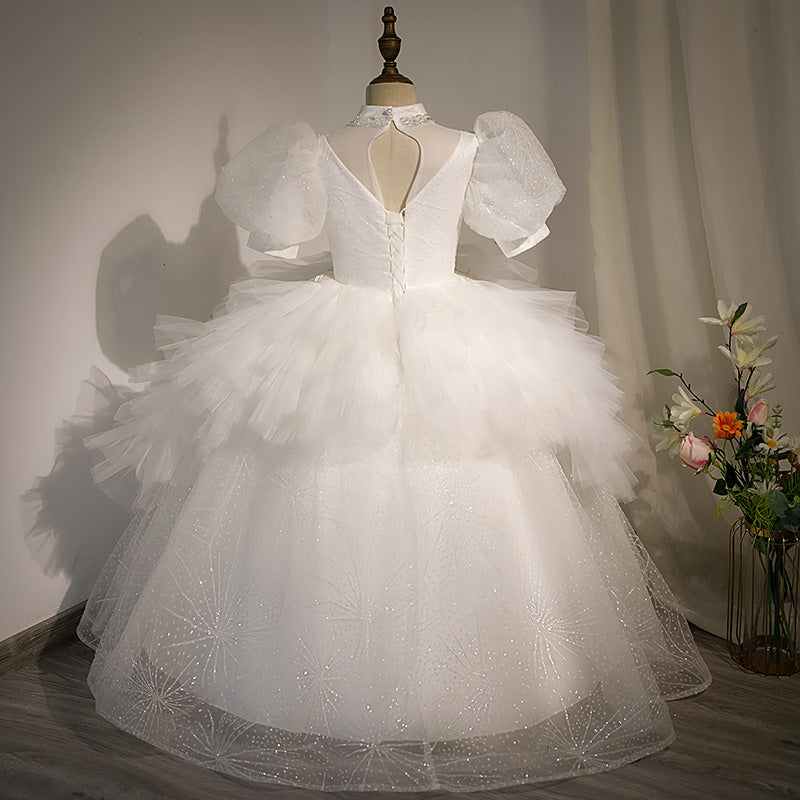White Tulle & Sequined A-Line Flower Girl Dress - Puff Sleeves