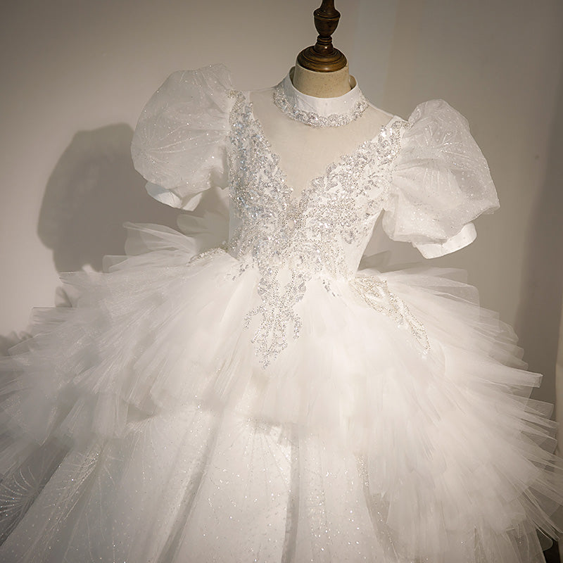 White Tulle & Sequined A-Line Flower Girl Dress - Puff Sleeves
