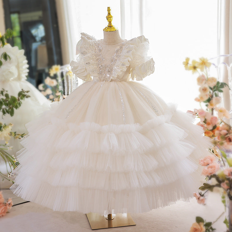 White Tulle A-Line Flower Girl Dress Lace Sequin Puff Sleeve