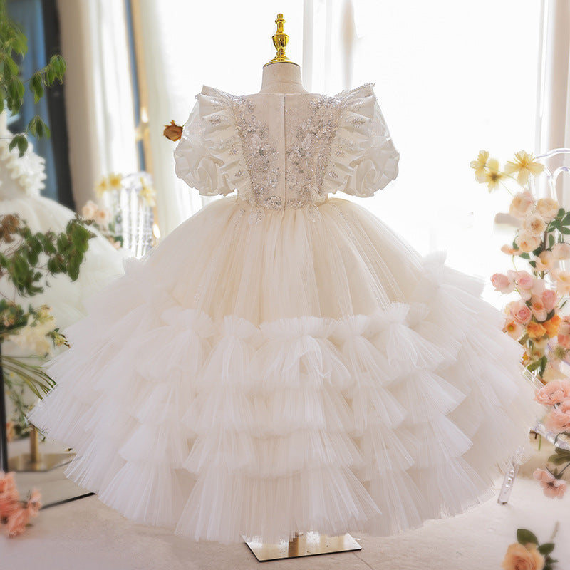 White Tulle A-Line Flower Girl Dress Lace Sequin Puff Sleeve