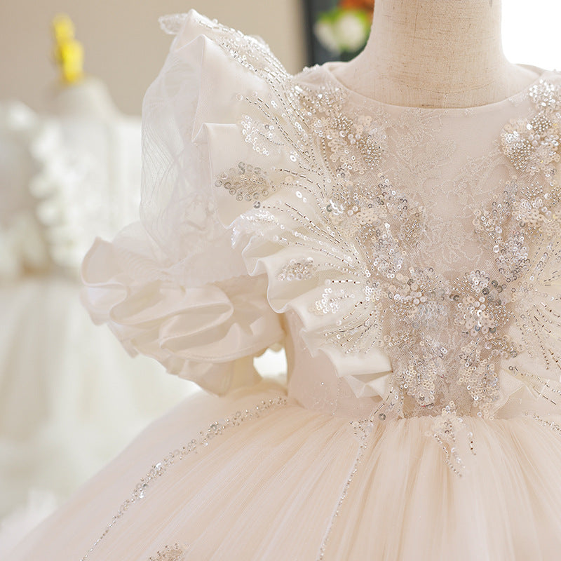 White Tulle A-Line Flower Girl Dress Lace Sequin Puff Sleeve