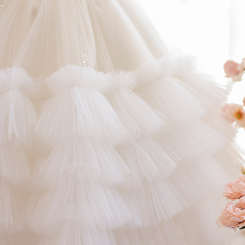 White Tulle A-Line Flower Girl Dress Lace Sequin Puff Sleeve