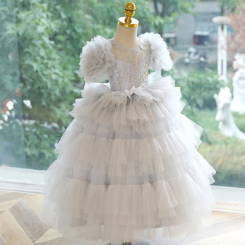 White Tulle A-Line Flower Girl Dress Lace Sequin Puff Sleeve