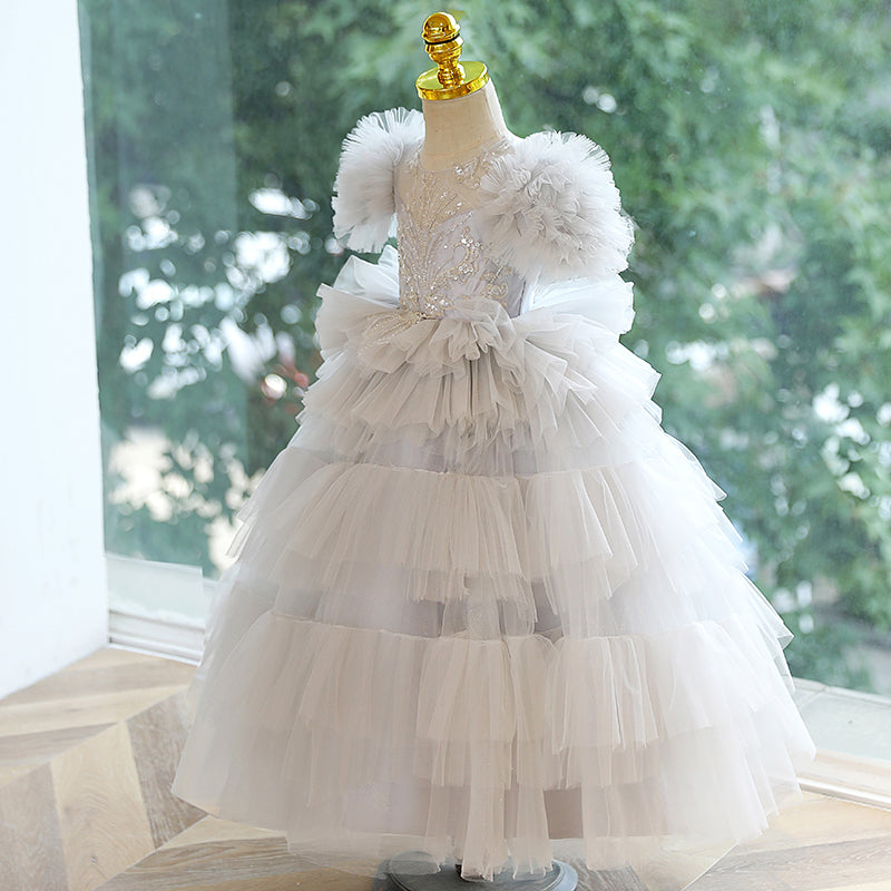 White Tulle A-Line Flower Girl Dress Lace Sequin Puff Sleeve