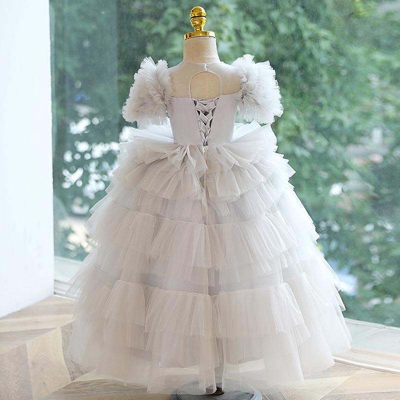 White Tulle A-Line Flower Girl Dress Lace Sequin Puff Sleeve