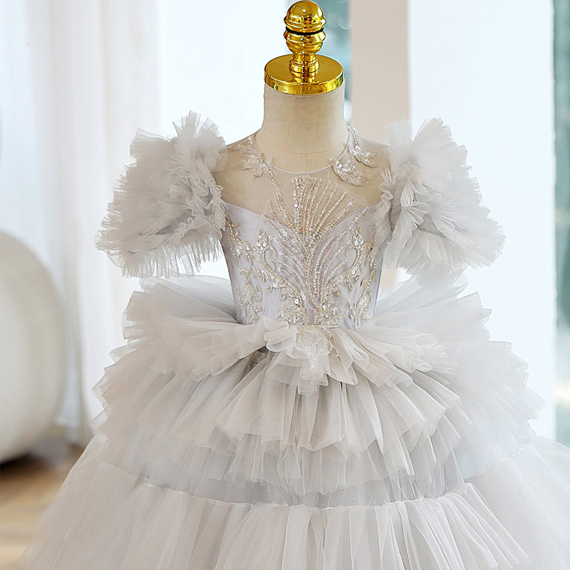 White Tulle A-Line Flower Girl Dress Lace Sequin Puff Sleeve