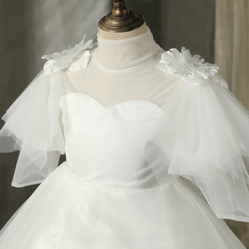 White Tulle A-Line Flower Girl Dress Long Lantern Sleeve Floor