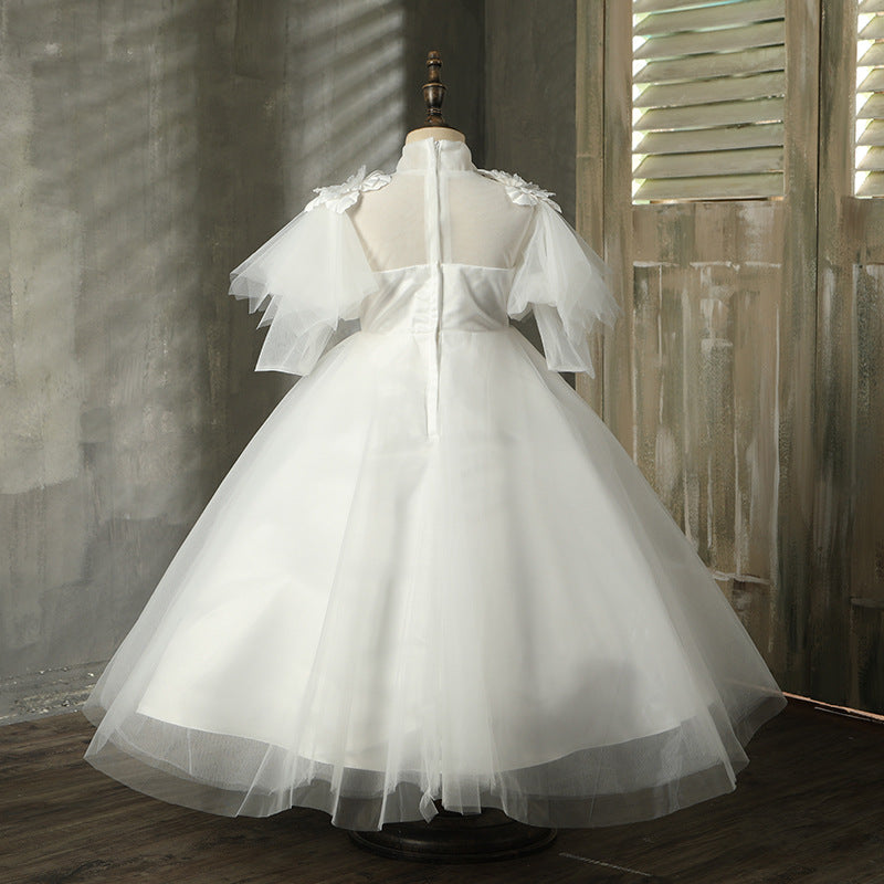 White Tulle A-Line Flower Girl Dress Long Lantern Sleeve Floor