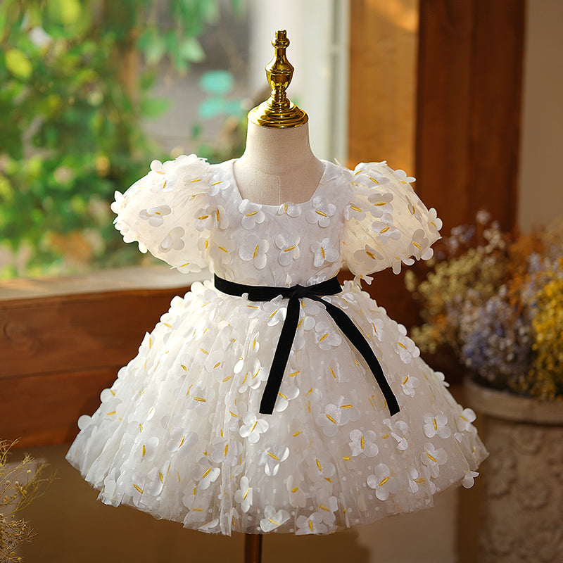 White Tulle A-Line Flower Girl Dress with Floral Puff Sleeves