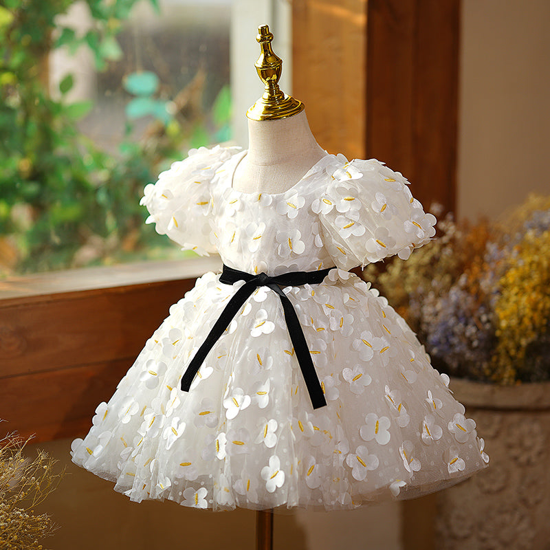 White Tulle A-Line Flower Girl Dress with Floral Puff Sleeves