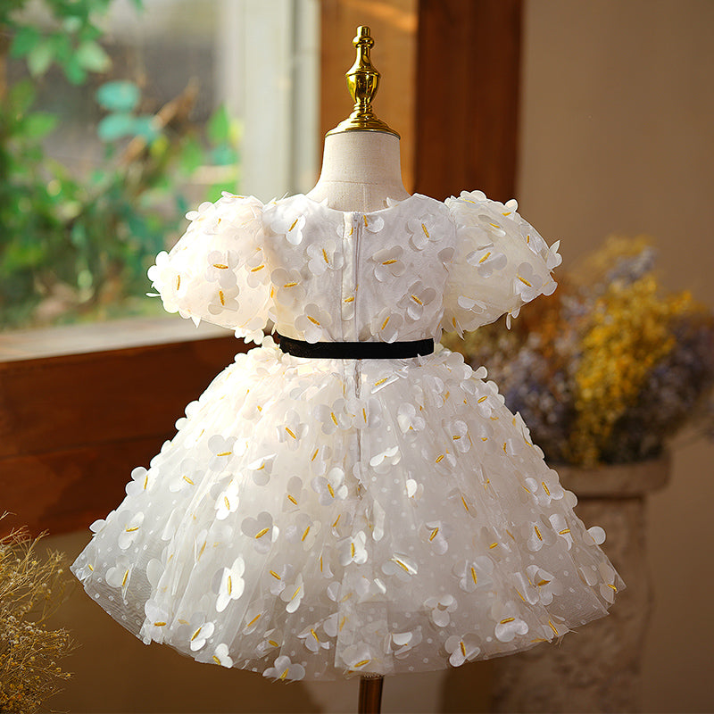 White Tulle A-Line Flower Girl Dress with Floral Puff Sleeves