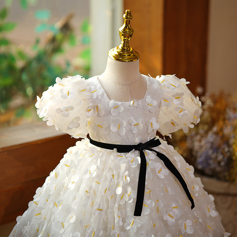 White Tulle A-Line Flower Girl Dress with Floral Puff Sleeves