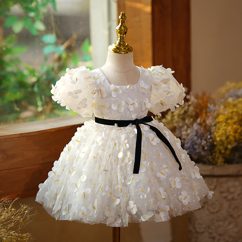 White Tulle A-Line Flower Girl Dress with Floral Puff Sleeves