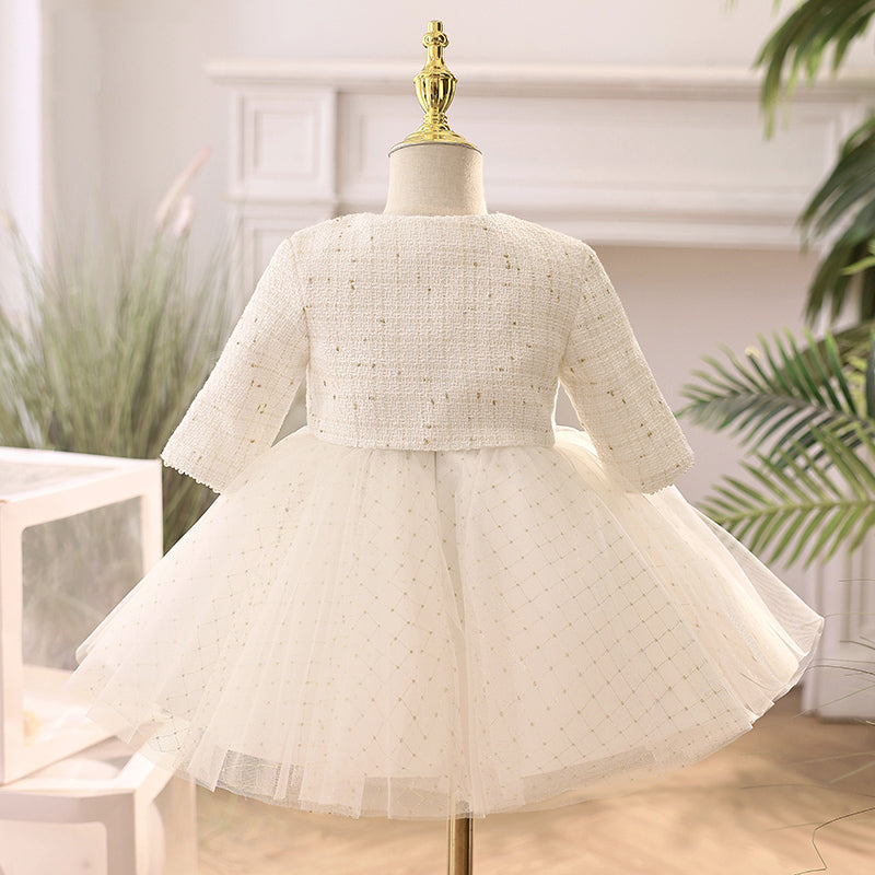 White Tulle A-Line Tea Length Flower Girl Dress Long Sleeve Bow