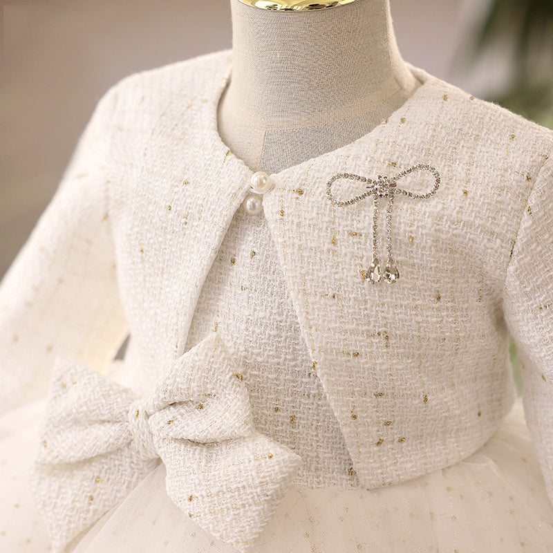 White Tulle A-Line Tea Length Flower Girl Dress Long Sleeve Bow