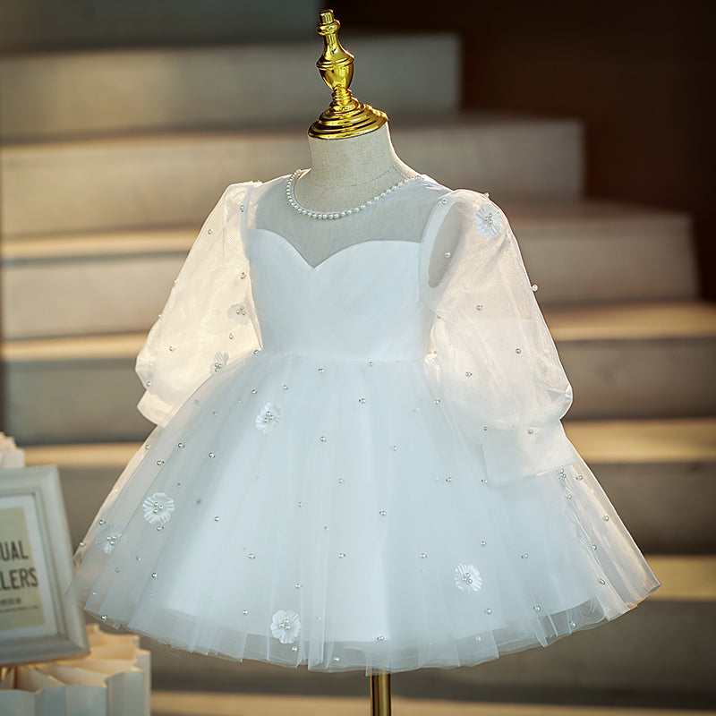 White Tulle Princess Dress Beaded Bow Lantern Sleeve Knee