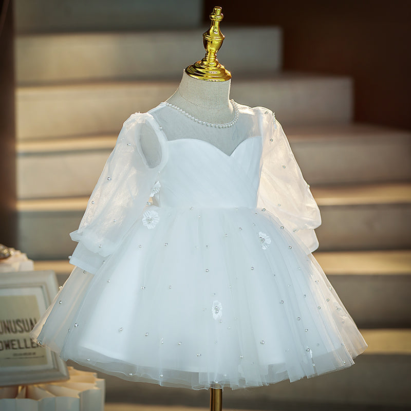 White Tulle Princess Dress Beaded Bow Lantern Sleeve Knee
