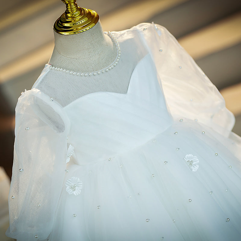 White Tulle Princess Dress Beaded Bow Lantern Sleeve Knee