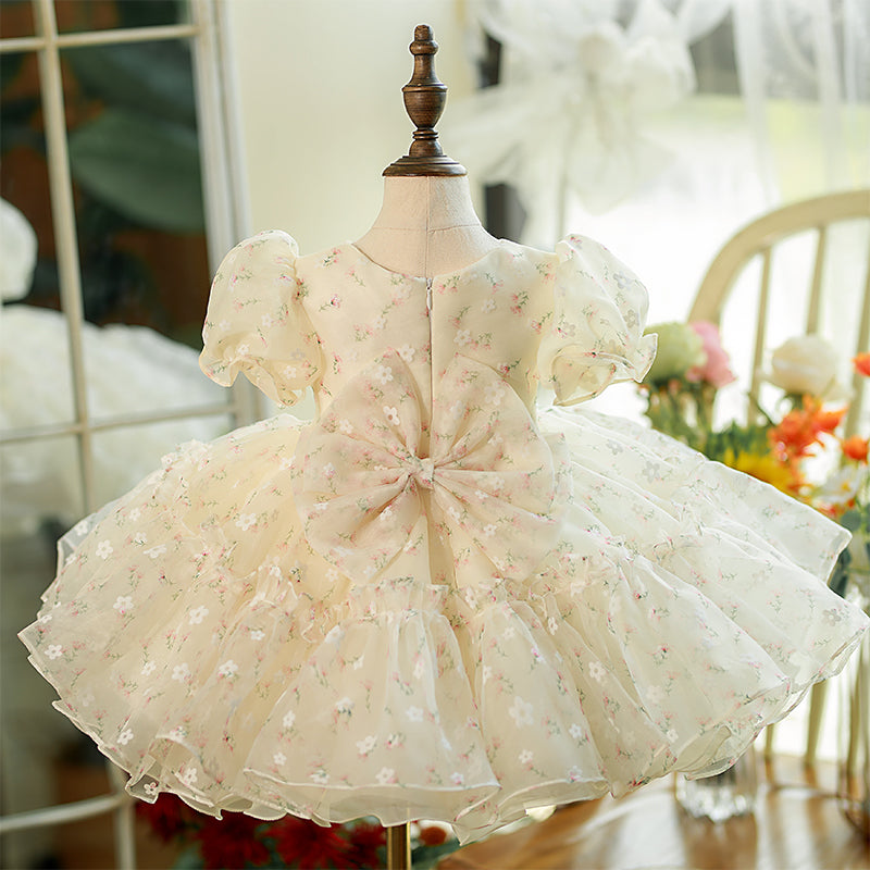 White Tulle Princess Flower Girl Dress Pleated Boat Neck Puff
