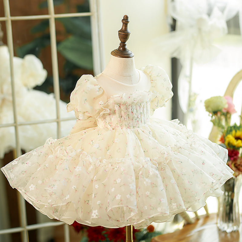White Tulle Princess Flower Girl Dress Pleated Boat Neck Puff
