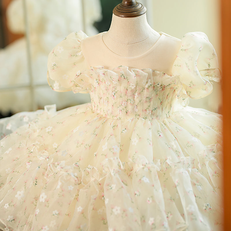 White Tulle Princess Flower Girl Dress Pleated Boat Neck Puff