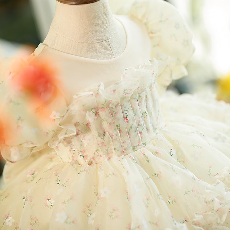 White Tulle Princess Flower Girl Dress Pleated Boat Neck Puff