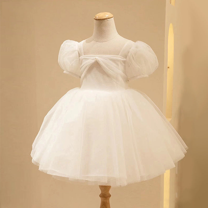 White Tulle Princess Flower Girl Dress - Puff Sleeves
