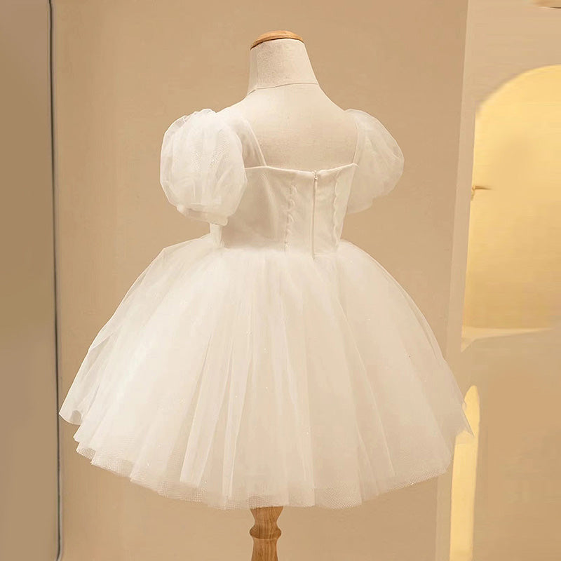 White Tulle Princess Flower Girl Dress - Puff Sleeves