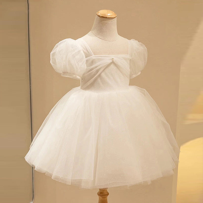 White Tulle Princess Flower Girl Dress - Puff Sleeves