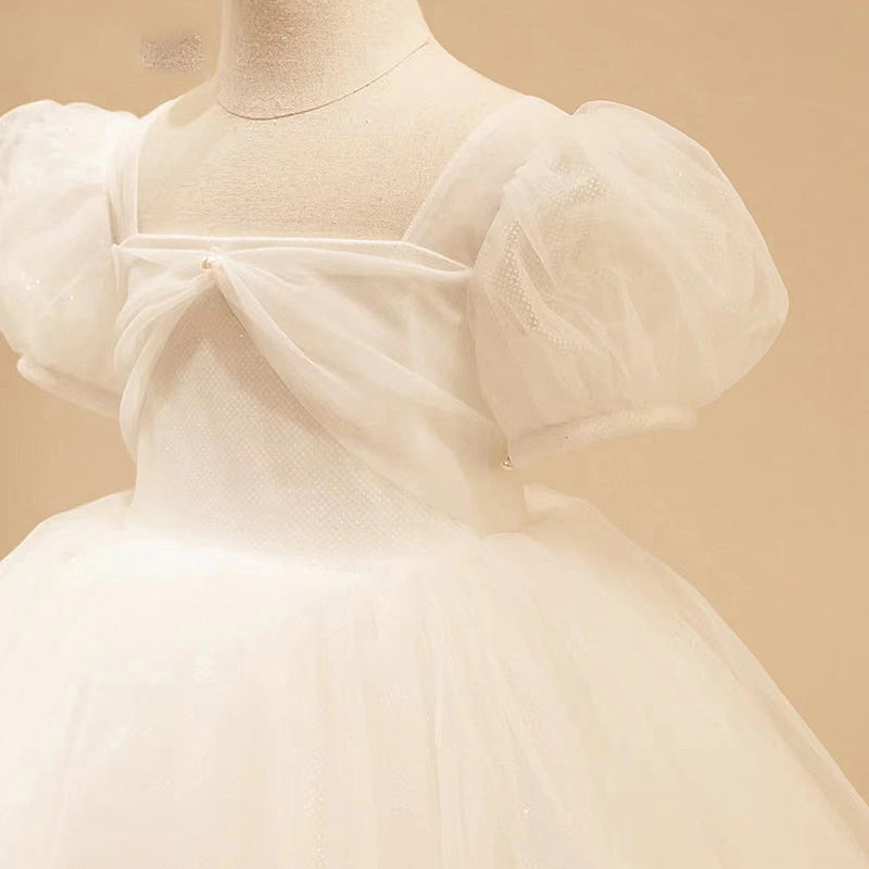 White Tulle Princess Flower Girl Dress - Puff Sleeves