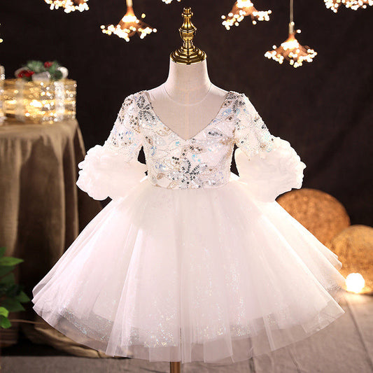 White Tulle Sequined Princess Flower Girl Dress Long Sleeve