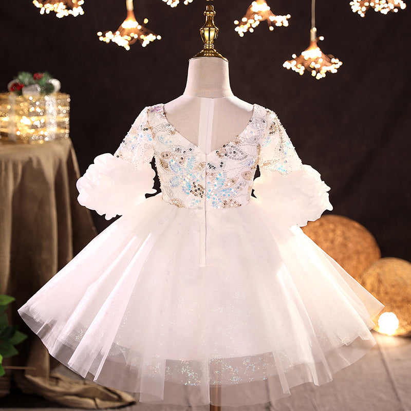 White Tulle Sequined Princess Flower Girl Dress Long Sleeve