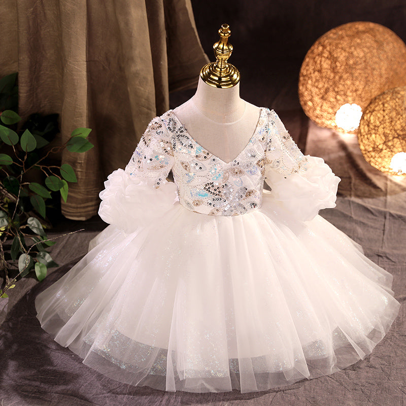 White Tulle Sequined Princess Flower Girl Dress Long Sleeve