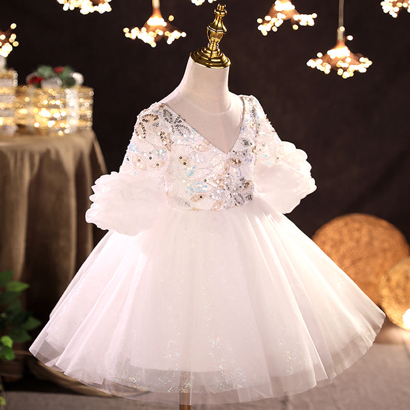 White Tulle Sequined Princess Flower Girl Dress Long Sleeve