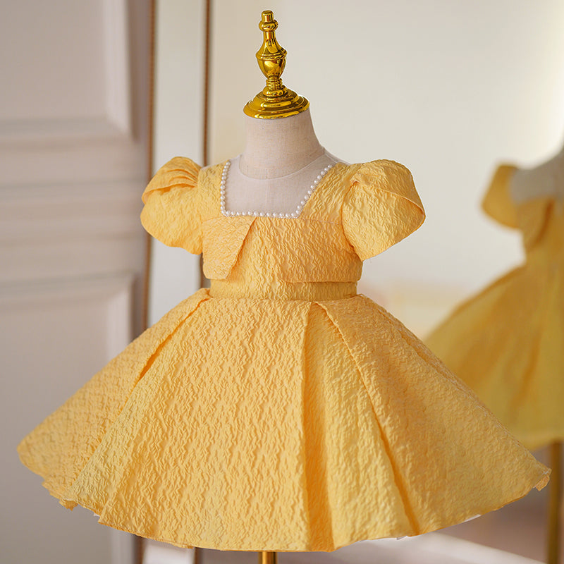 Yellow A-Line Flower Girl Dress with Beaded Puff Sleeves