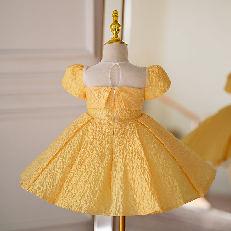 Yellow A-Line Flower Girl Dress with Beaded Puff Sleeves