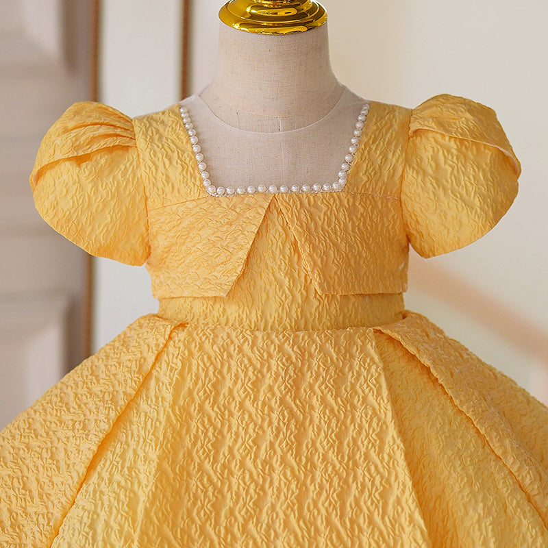 Yellow A-Line Flower Girl Dress with Beaded Puff Sleeves
