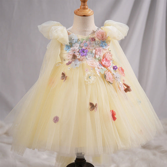 Yellow A-Line Princess Flower Girl Dress with Flowers and Beads