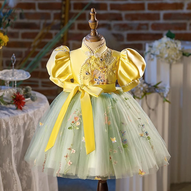 Yellow Princess Puff Sleeve Dress for Girls with Embroidery and Applique - Special Occasion Outfit