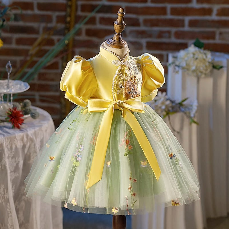 Yellow Princess Puff Sleeve Dress for Girls with Embroidery and Applique - Special Occasion Outfit