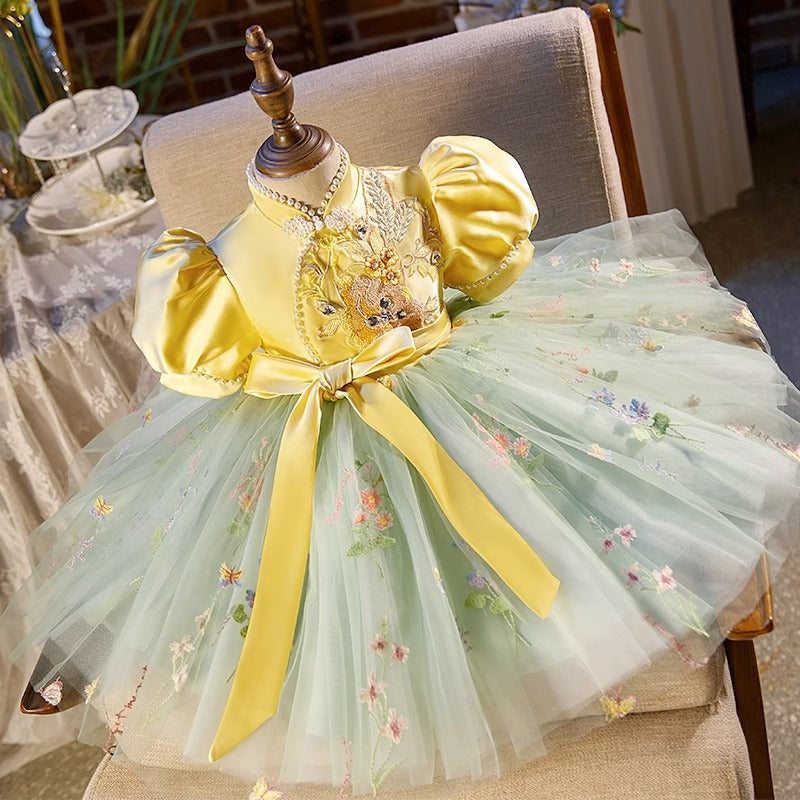 Yellow Princess Puff Sleeve Dress for Girls with Embroidery and Applique - Special Occasion Outfit