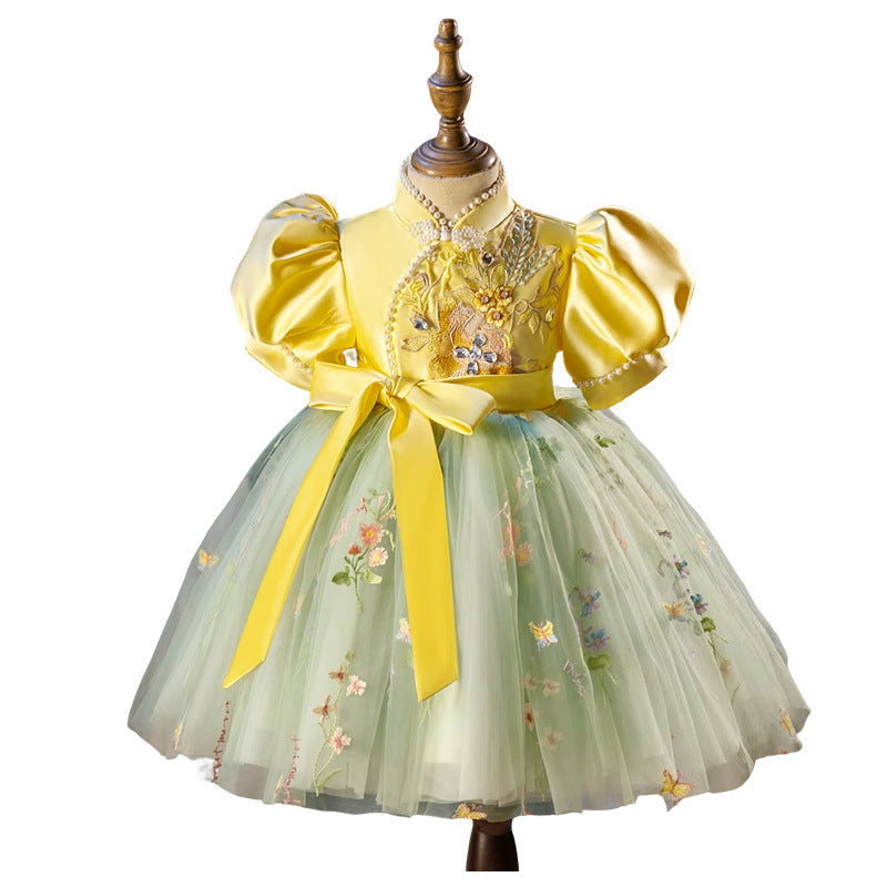 Yellow Princess Puff Sleeve Dress for Girls with Embroidery and Applique - Special Occasion Outfit