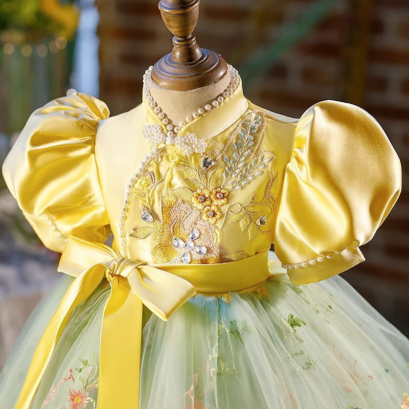 Yellow Princess Puff Sleeve Dress for Girls with Embroidery and Applique - Special Occasion Outfit