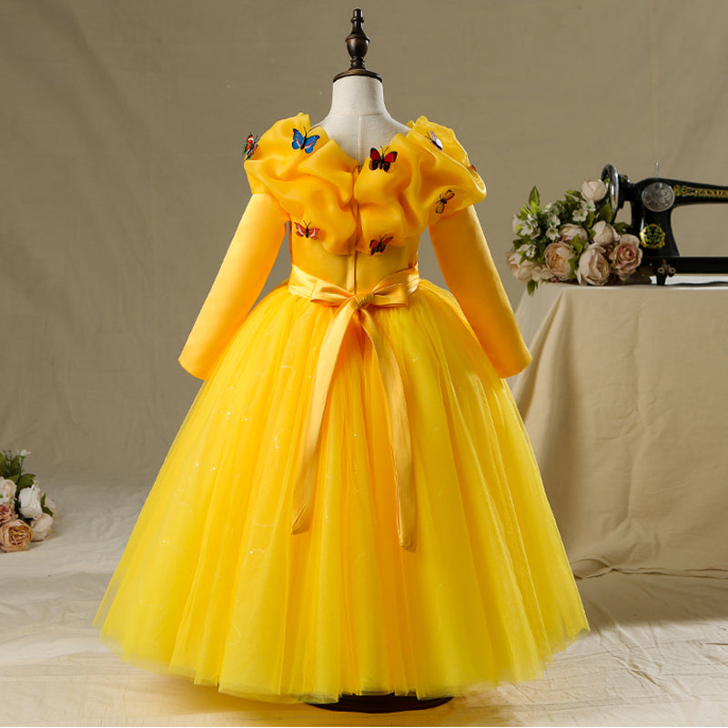 Yellow Satin Tulle A-Line Flower Girl Dress Long Sleeve Floor