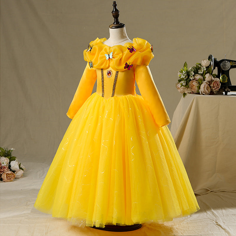 Yellow Satin Tulle A-Line Flower Girl Dress Long Sleeve Floor