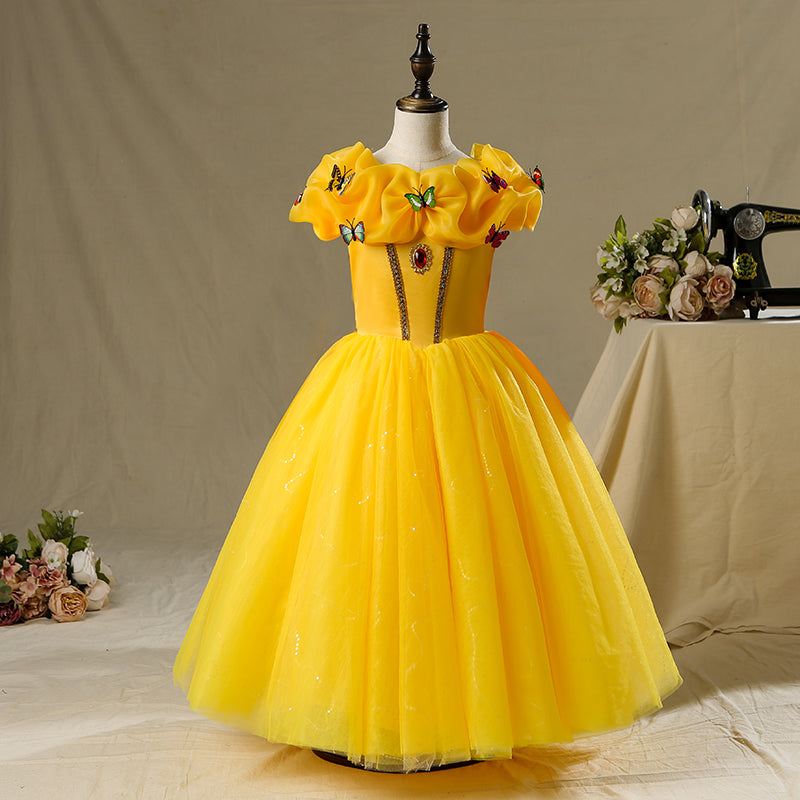 Yellow Satin Tulle A-Line Flower Girl Dress Long Sleeve Floor