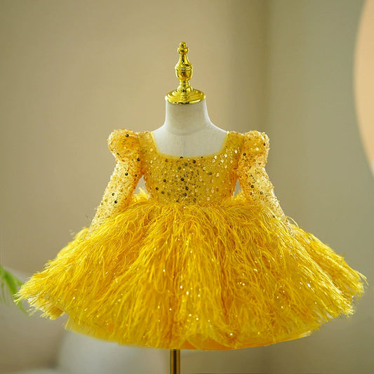 Yellow Sequined Ball Gown with Fringe for Girls | Long Sleeve Princess Dress